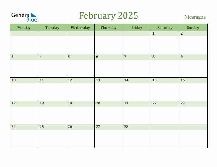 February 2025 Calendar with Nicaragua Holidays