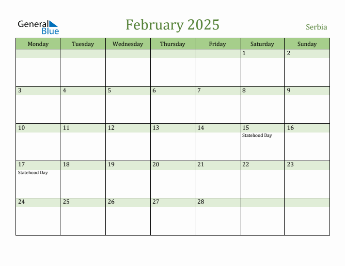February 2025 Calendar with Serbia Holidays
