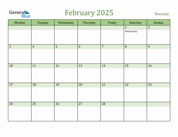 February 2025 Calendar with Rwanda Holidays