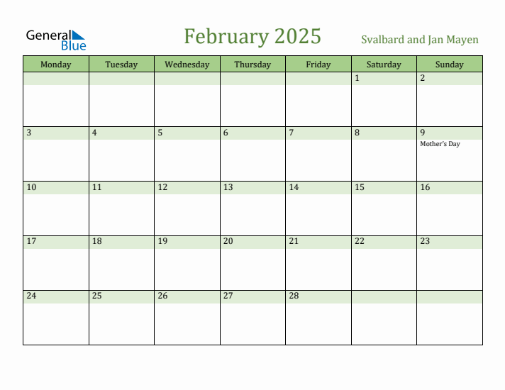 February 2025 Calendar with Svalbard and Jan Mayen Holidays