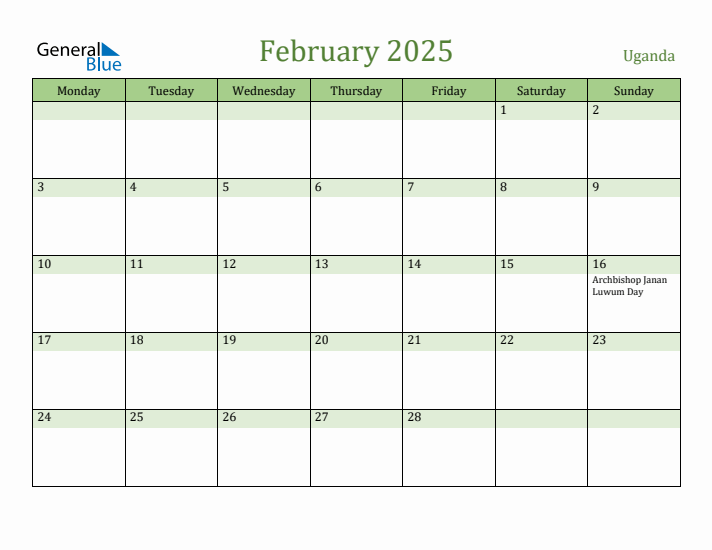 February 2025 Calendar with Uganda Holidays