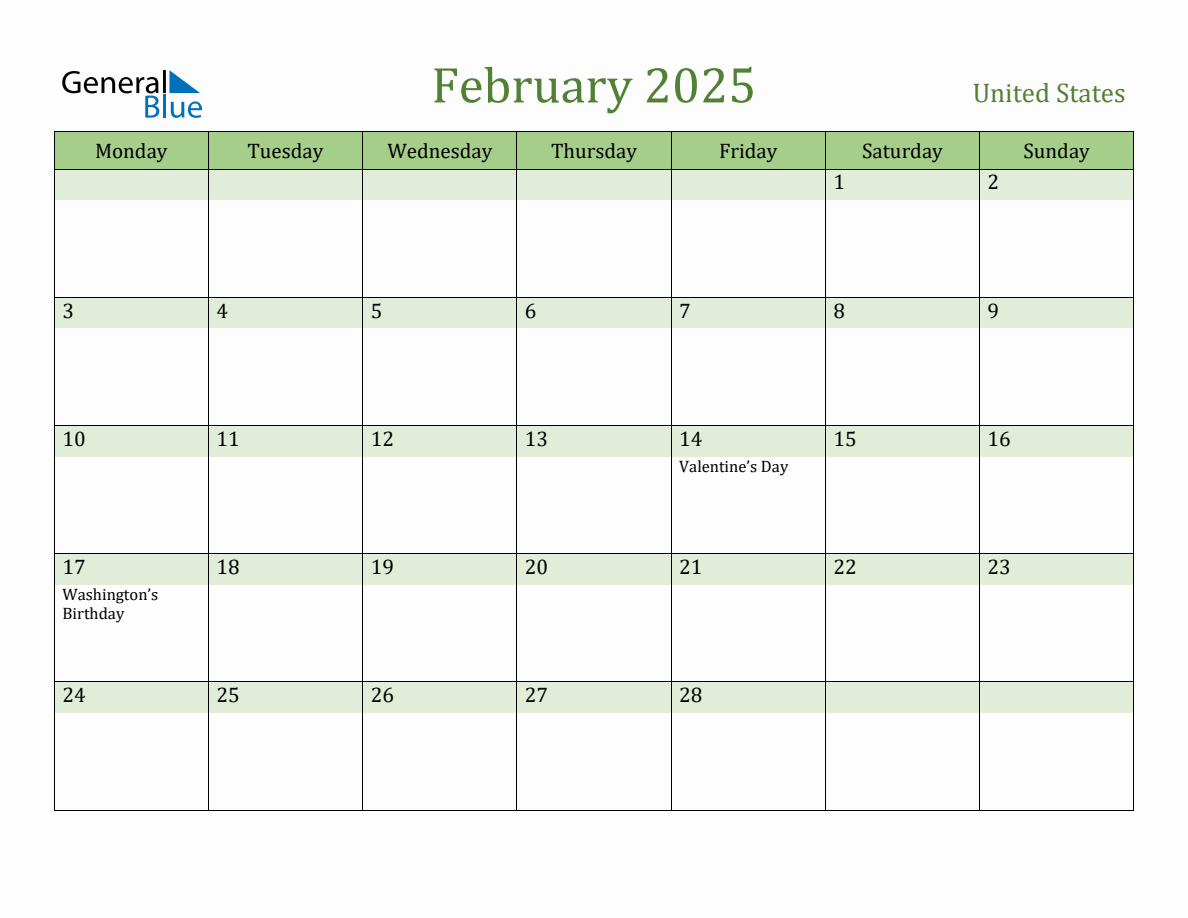 Fillable Holiday Calendar for United States February 2025