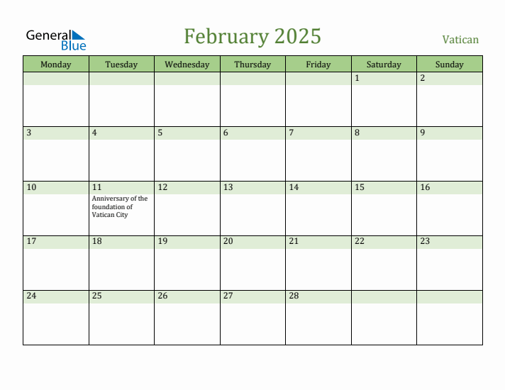 February 2025 Calendar with Vatican Holidays