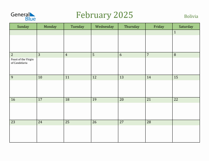 February 2025 Calendar with Bolivia Holidays