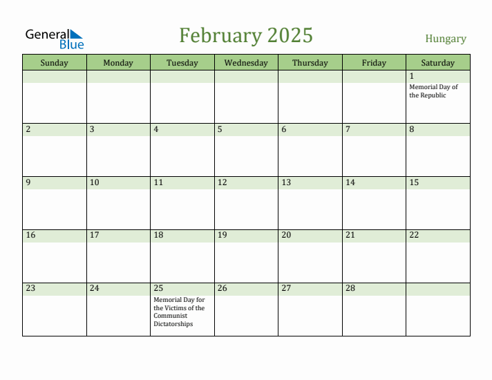 February 2025 Calendar with Hungary Holidays
