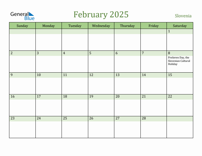 February 2025 Calendar with Slovenia Holidays