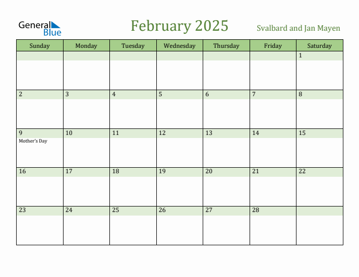 February 2025 Calendar with Svalbard and Jan Mayen Holidays
