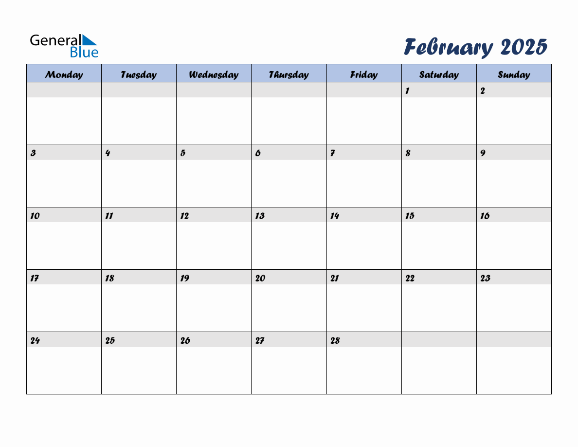 Free February 2025 Monthly Editable Calendar, starting on Monday