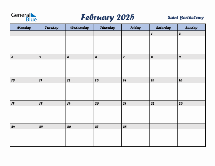 February 2025 Calendar with Holidays in Saint Barthelemy