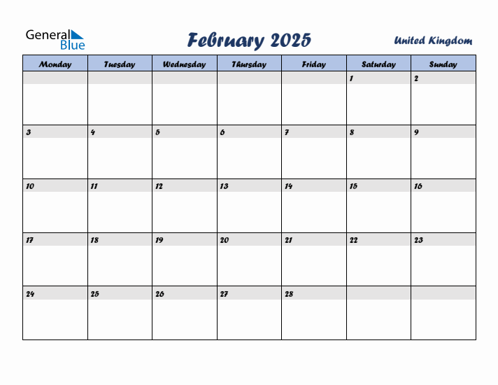 February 2025 Calendar with Holidays in United Kingdom