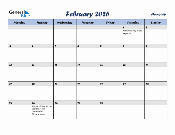 February 2025 Calendar with Holidays in Hungary