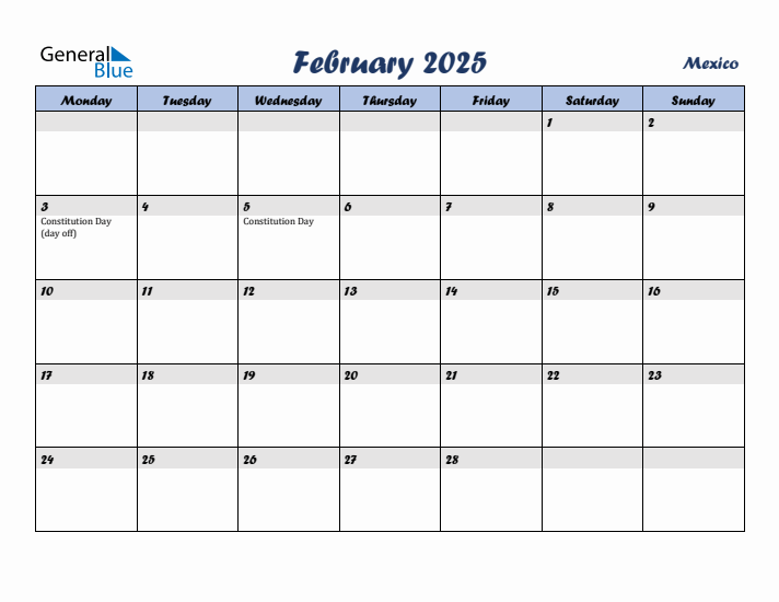 February 2025 Calendar with Holidays in Mexico