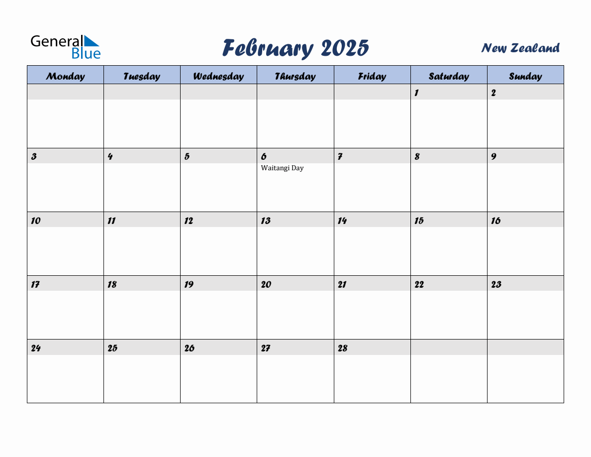 February 2025 Monthly Calendar Template with Holidays for New Zealand