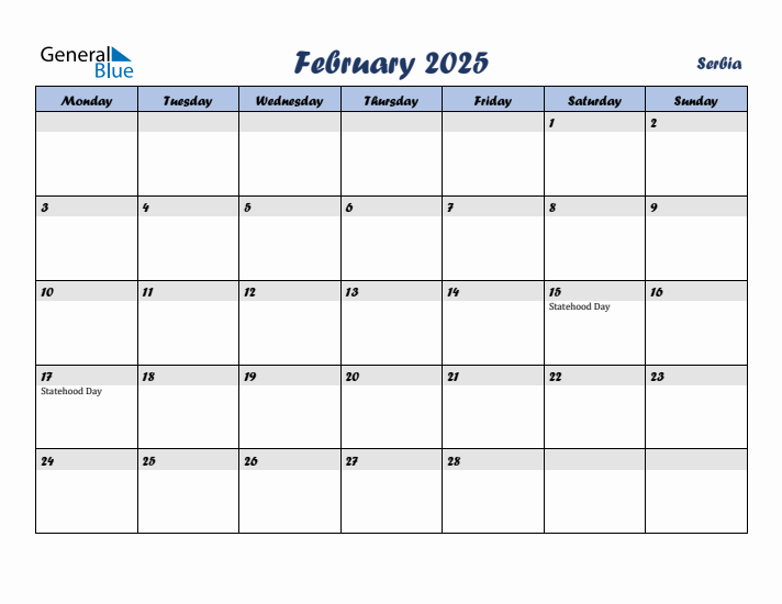 February 2025 Calendar with Holidays in Serbia
