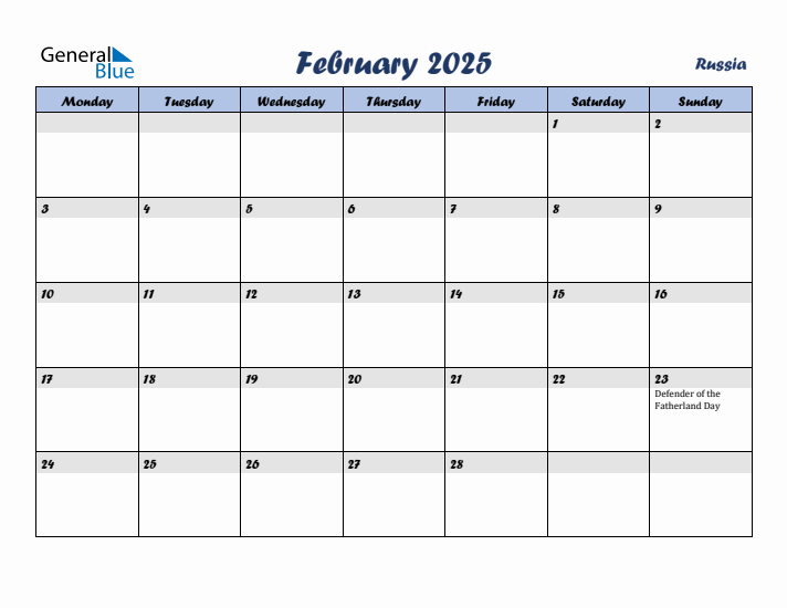 February 2025 Calendar with Holidays in Russia