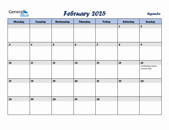 February 2025 Calendar with Holidays in Uganda