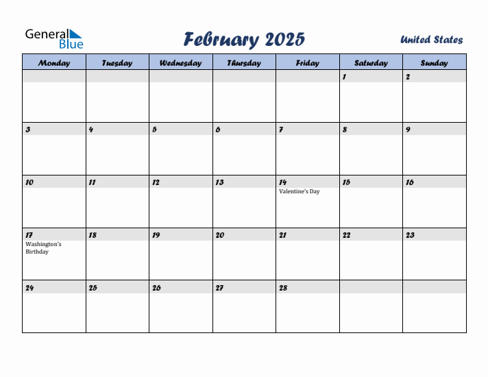 February 2025 Calendar with Holidays in United States