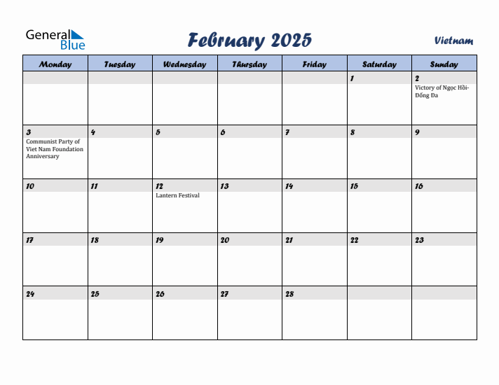 February 2025 Calendar with Holidays in Vietnam