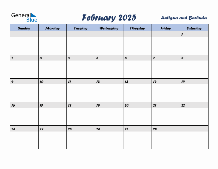 February 2025 Calendar with Holidays in Antigua and Barbuda