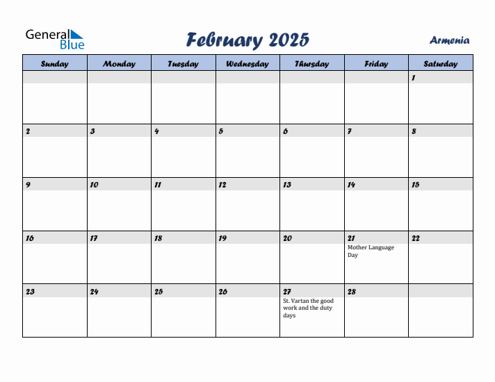 February 2025 Calendar with Holidays in Armenia