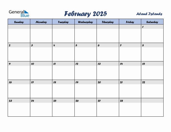 February 2025 Monthly Calendar Template with Holidays for Aland Islands