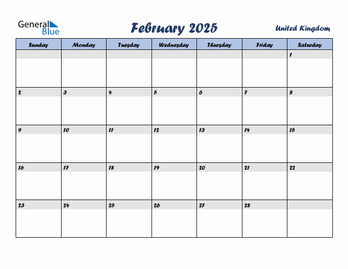 February 2025 Calendar with Holidays in United Kingdom