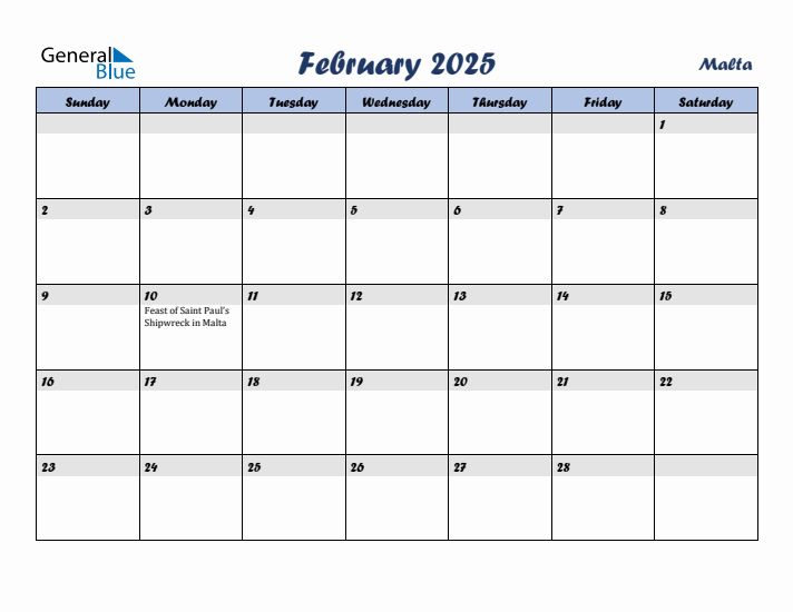 February 2025 Calendar with Holidays in Malta