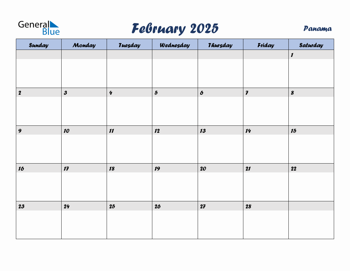 February 2025 Monthly Calendar Template with Holidays for Panama