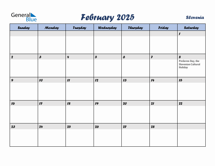 February 2025 Calendar with Holidays in Slovenia
