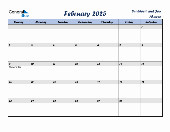 February 2025 Calendar with Holidays in Svalbard and Jan Mayen