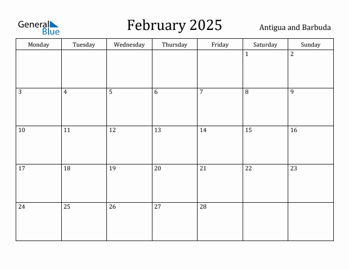February 2025 Calendar Antigua and Barbuda