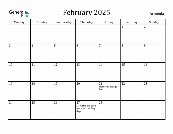 February 2025 Calendar Armenia
