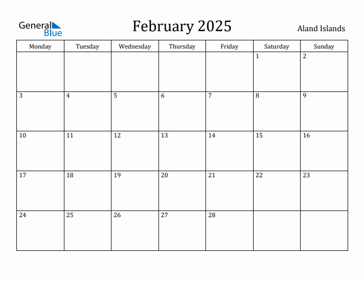 February 2025 Aland Islands Monthly Calendar with Holidays