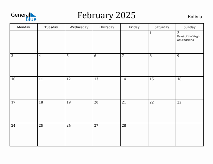 February 2025 Calendar Bolivia