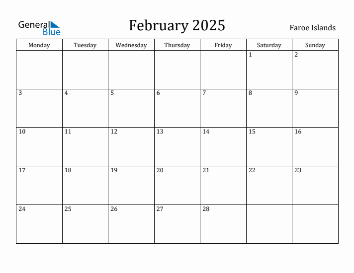 February 2025 Faroe Islands Monthly Calendar with Holidays