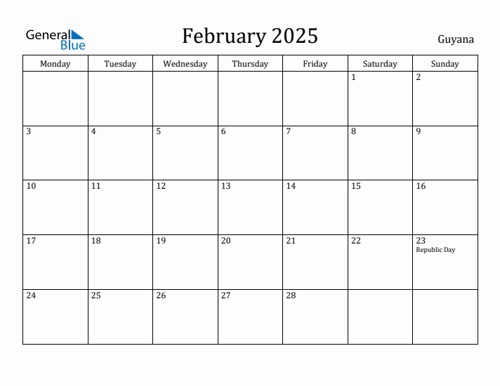 February 2025 Guyana Monthly Calendar with Holidays