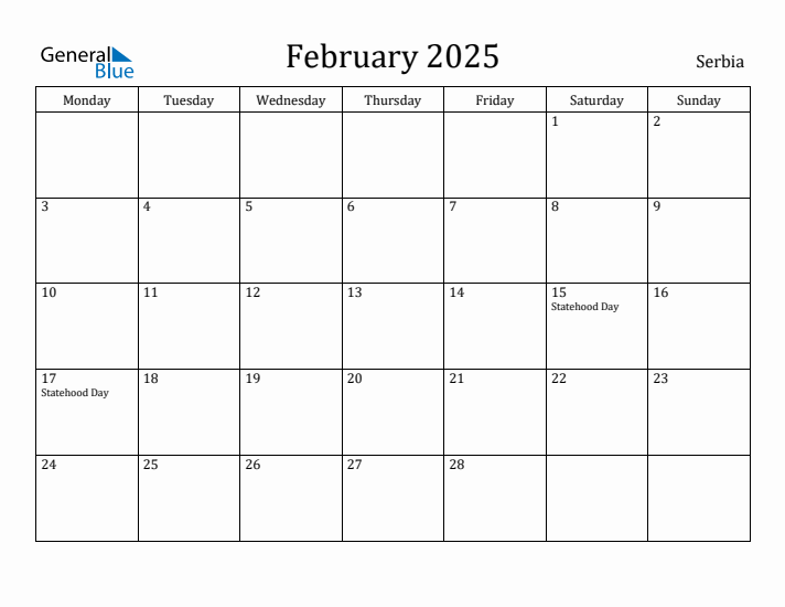February 2025 Calendar Serbia