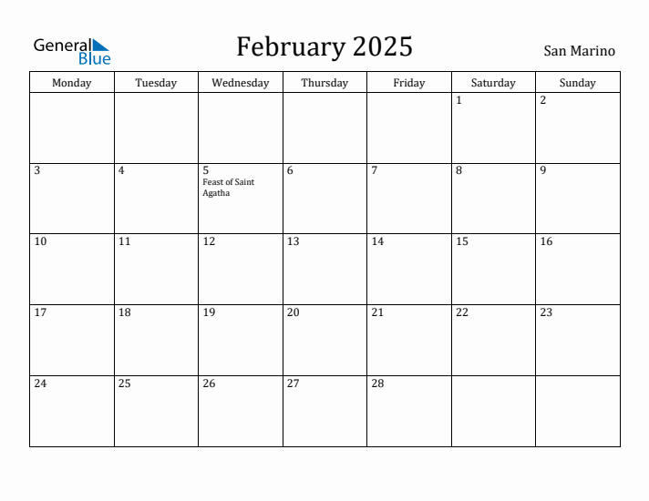 February 2025 San Marino Monthly Calendar with Holidays