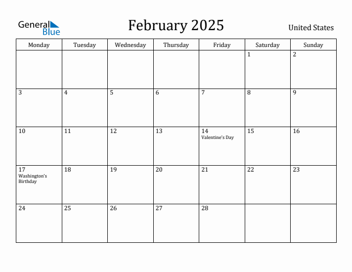 February 2025 United States Monthly Calendar with Holidays
