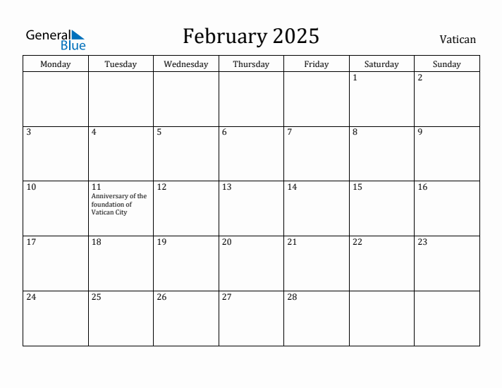 February 2025 Vatican Monthly Calendar with Holidays