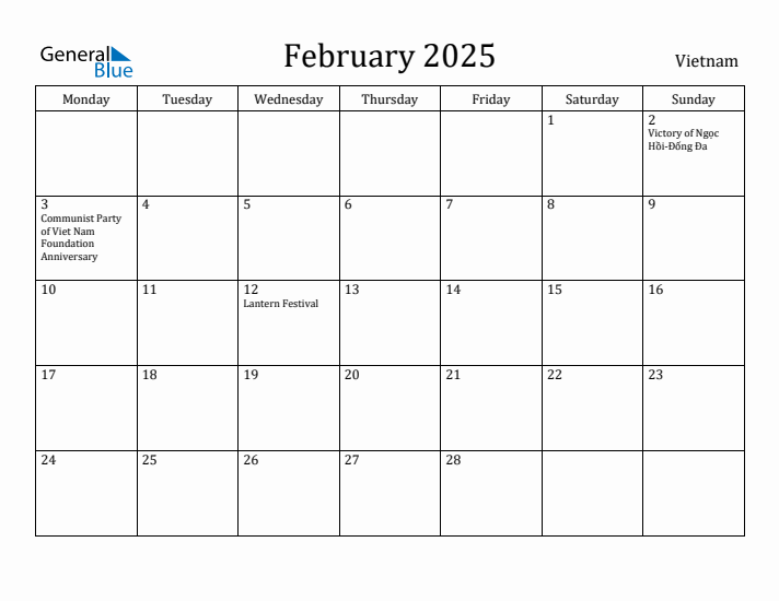 February 2025 Vietnam Monthly Calendar with Holidays
