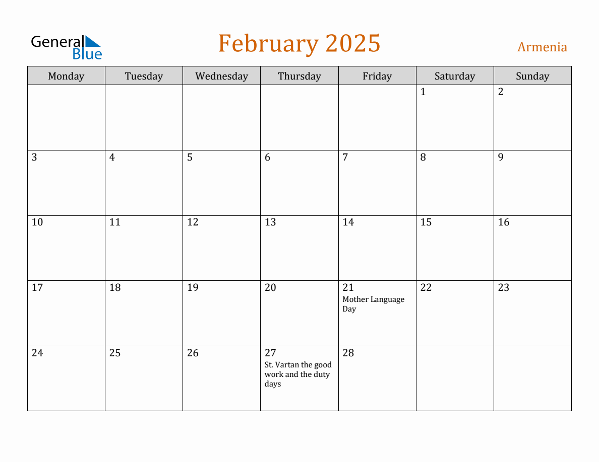 Free February 2025 Armenia Calendar