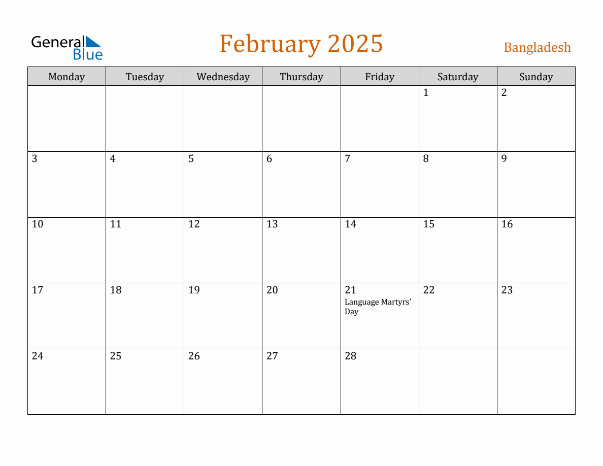 Free February 2025 Bangladesh Calendar