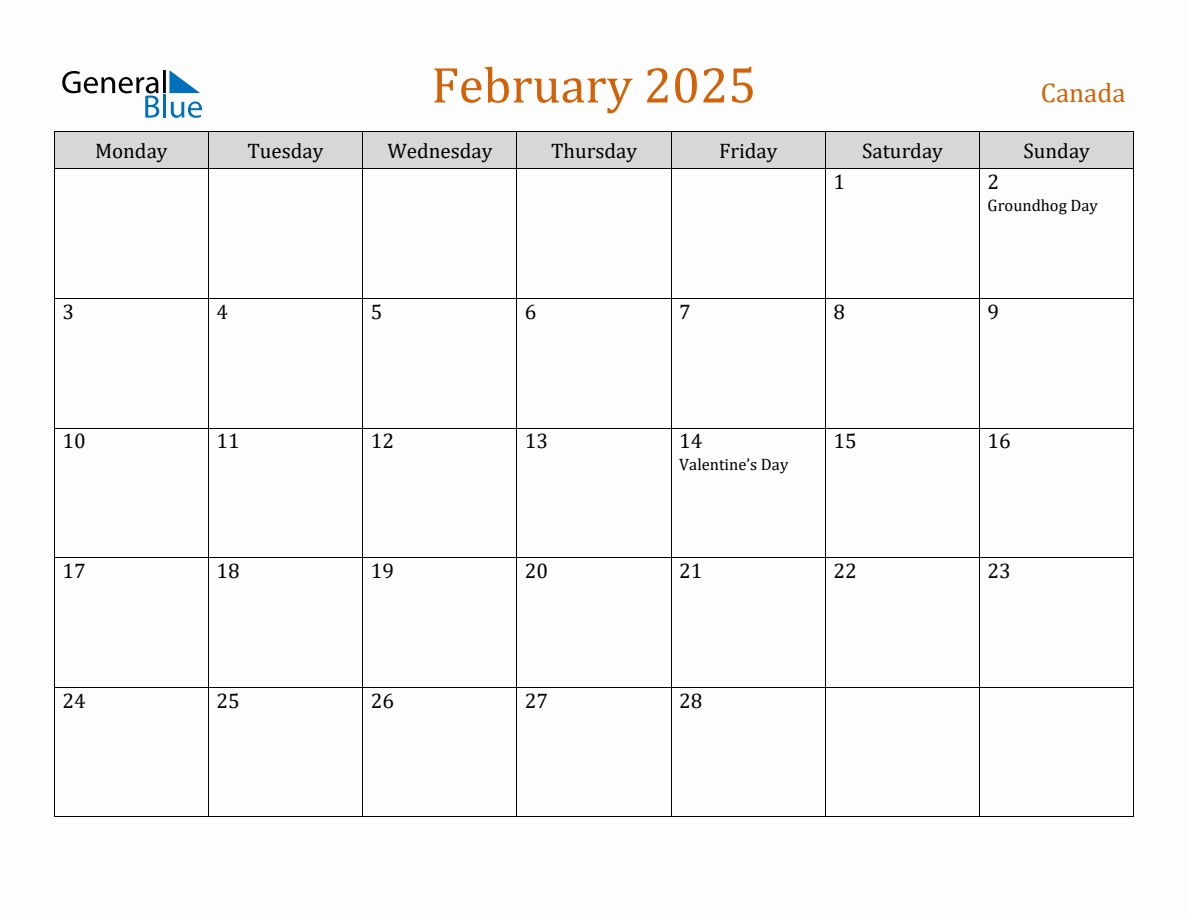 Free February 2025 Canada Calendar