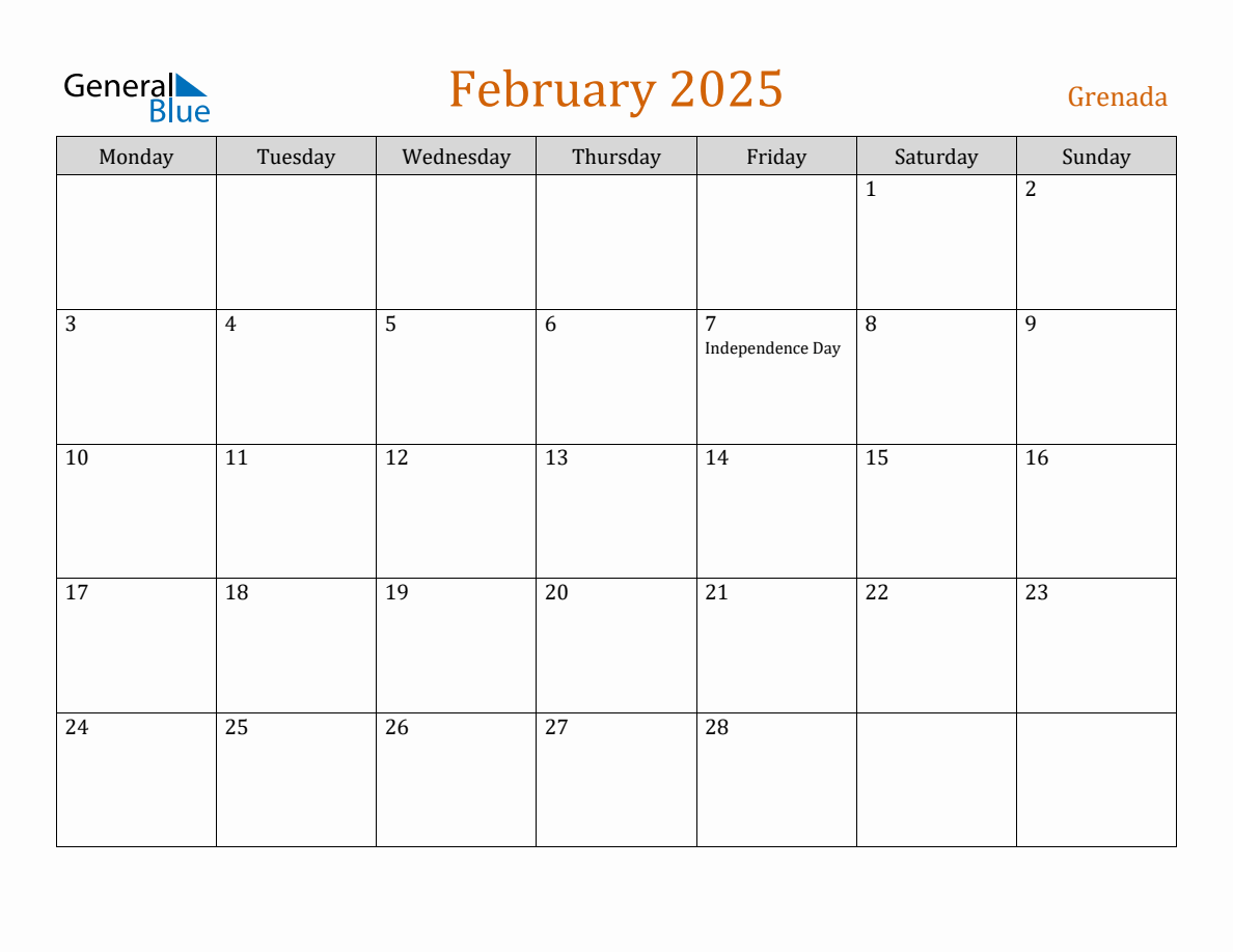 Free February 2025 Grenada Calendar