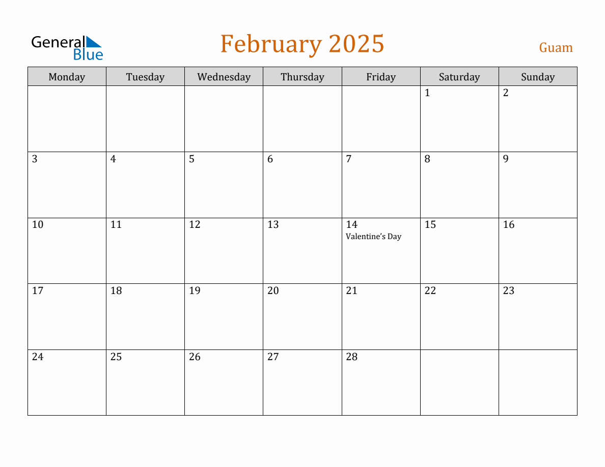 Free February 2025 Guam Calendar