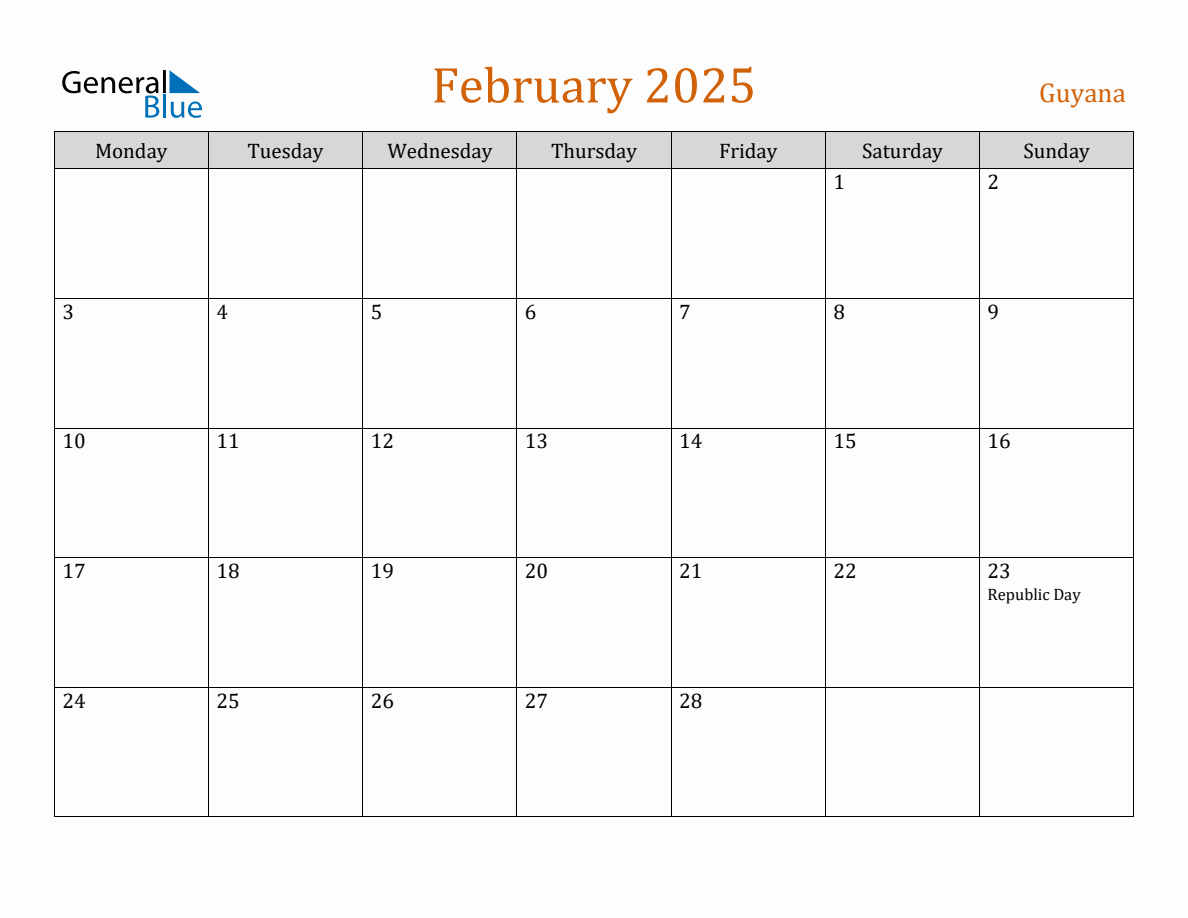 Free February 2025 Guyana Calendar