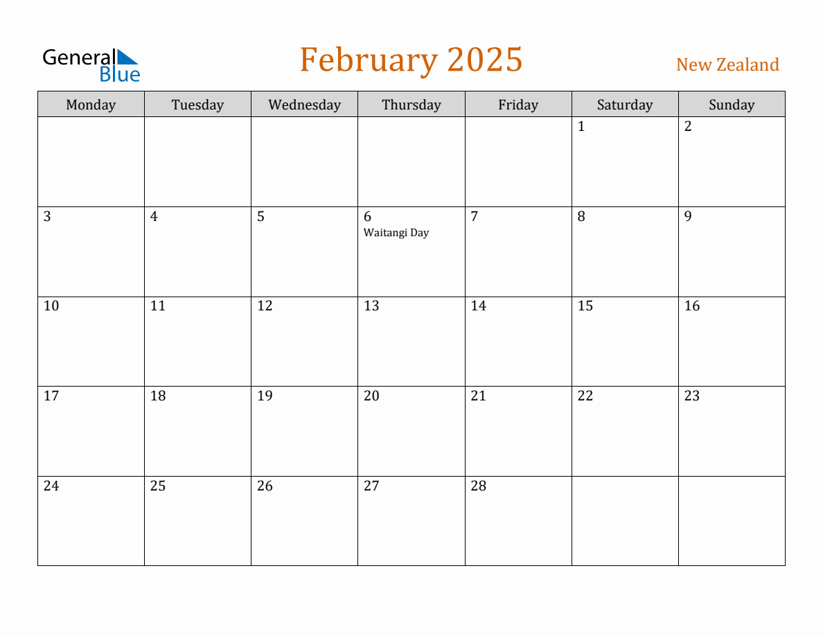 Free February 2025 New Zealand Calendar