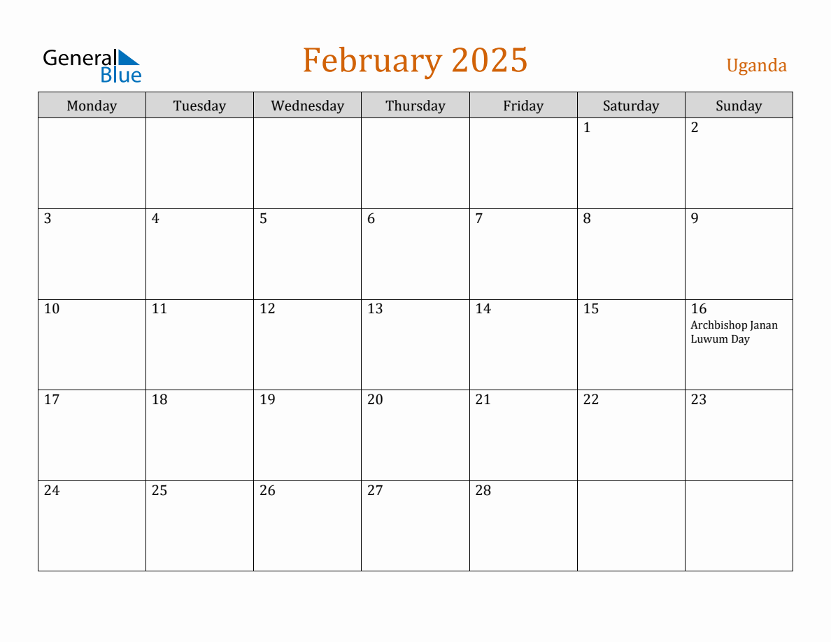 Free February 2025 Uganda Calendar