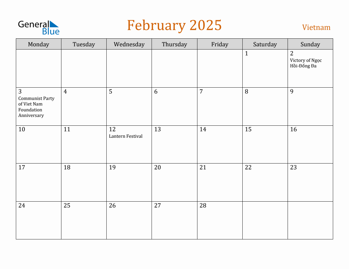 Free February 2025 Vietnam Calendar